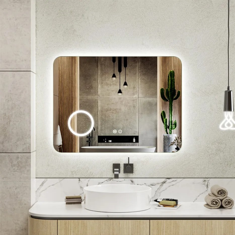 Erga Myra, LED zrkadlo 80x60 cm s kozmetickým zrkadlom 3x zväčšenie, 3146 lm, 3 farby svetla, zadné osvetlenie, ERG-V01-MYRA-8060-00