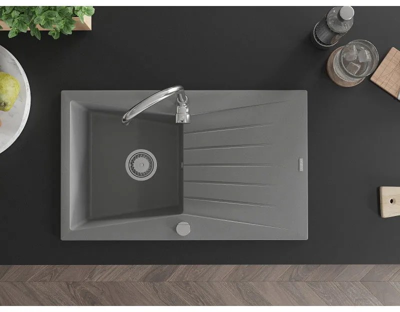 Mexen Cesar, 1-komorový granitový drez s odkvapkávačom 78x47 cm a kuchynskou batériou Telma, šedá, 6514-71-670200-00