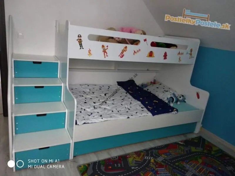 Poschodová posteľ s prístelkou MAX 3 rozšírená 200x120 biela - modrá