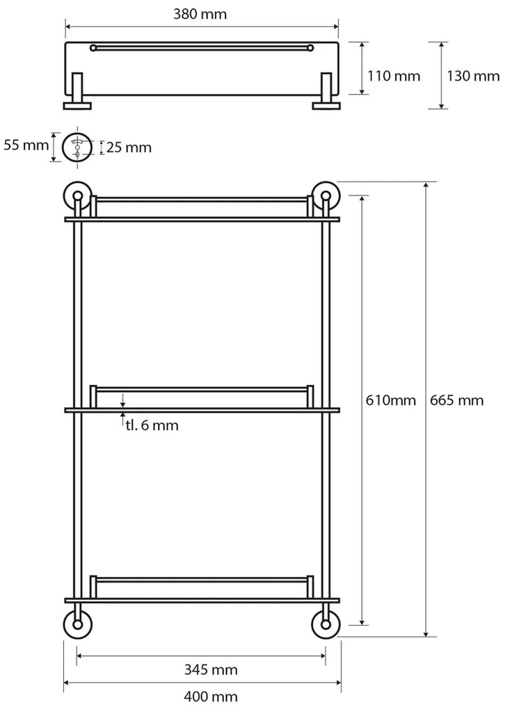 SAPHO XR608 X-Round E sklenená polička trojitá s hrazdou 38 x 67,5 x 13 cm