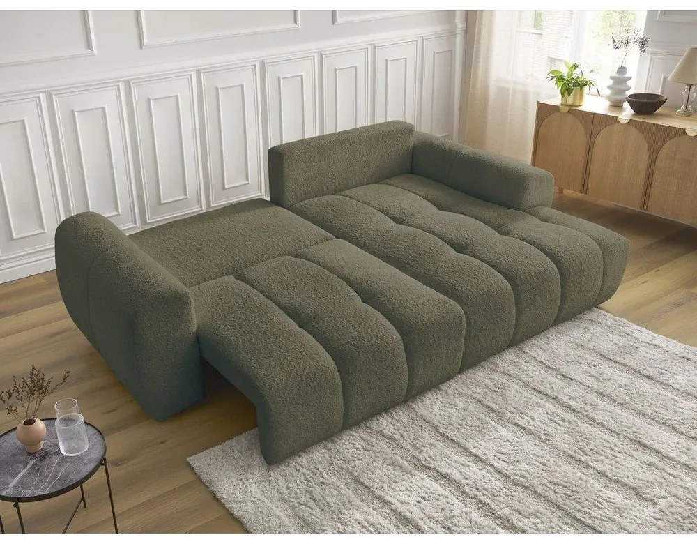 Khaki rozkladacia/s úložným priestorom rohová pohovka z textílie buklé (pravý roh/s leňoškou) Roxelane – Bobochic Paris