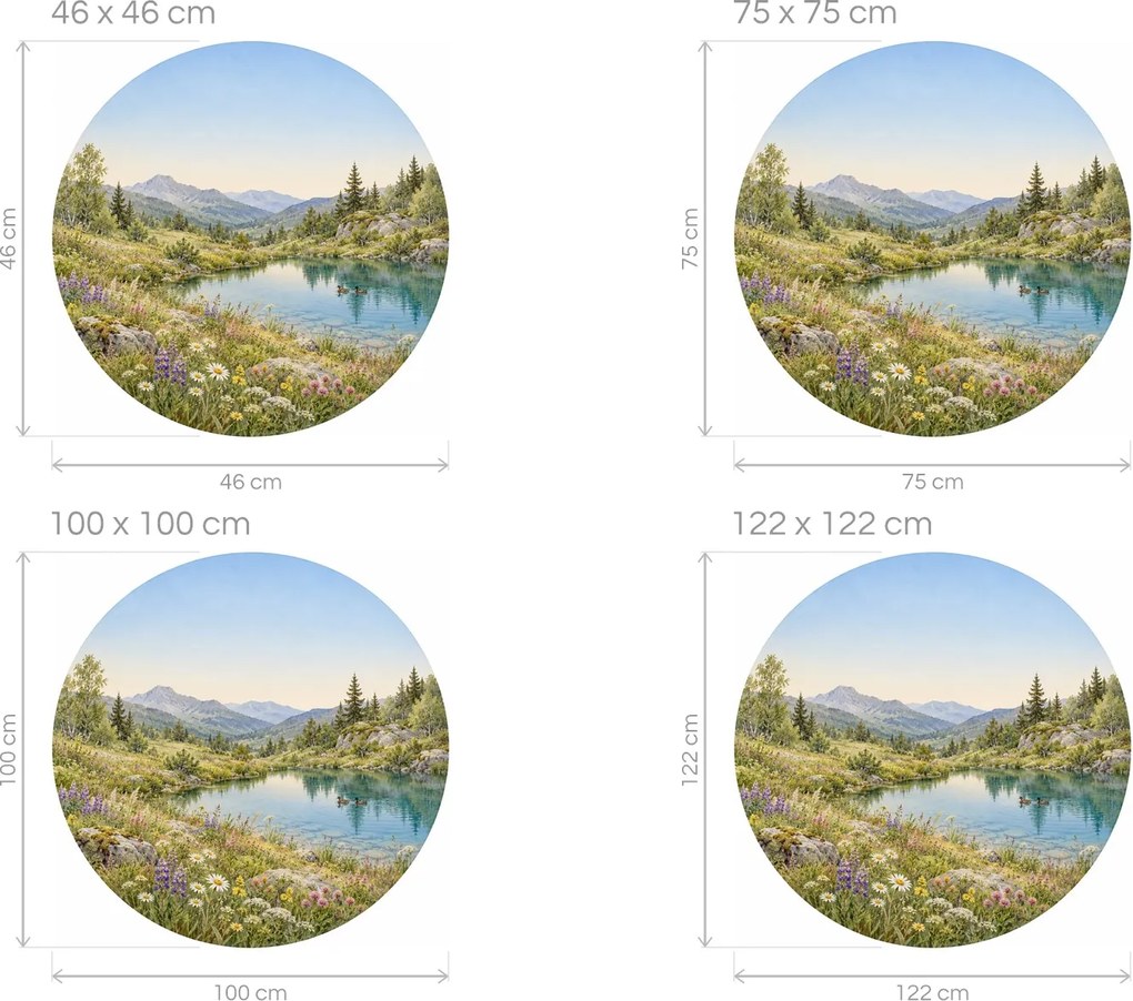 Horské pleso medzi lúčnymi kvetmi okrúhla akvarelová dekorácia s horskou lúkou na stenu arch 46 x 46 cm