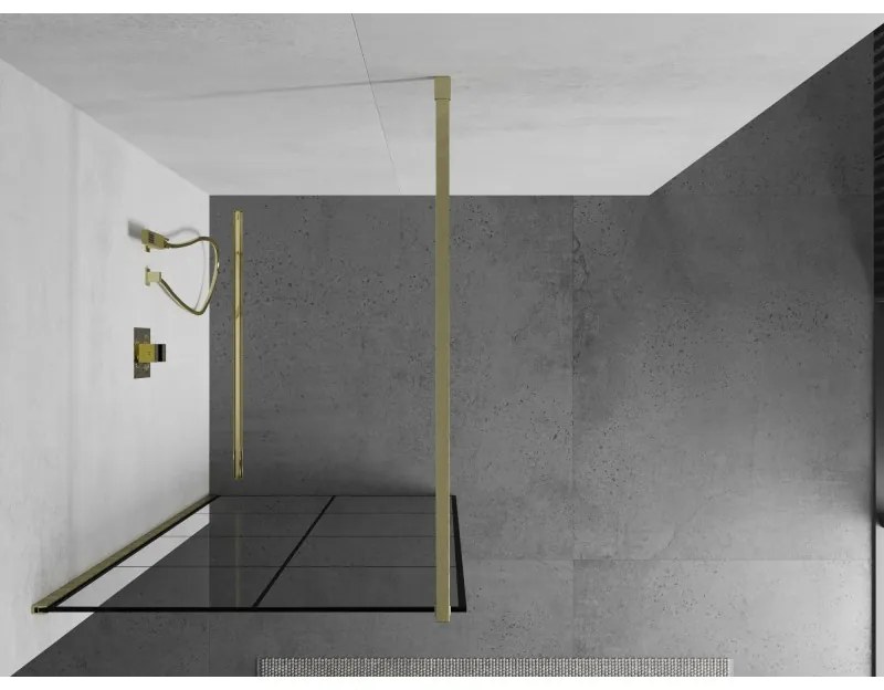 Mexen Kioto, sprchová zástena Walk-In 70 x 200 cm, 8mm číre sklo čierny vzor, zlatý matný profil, 800-070-101-55-77