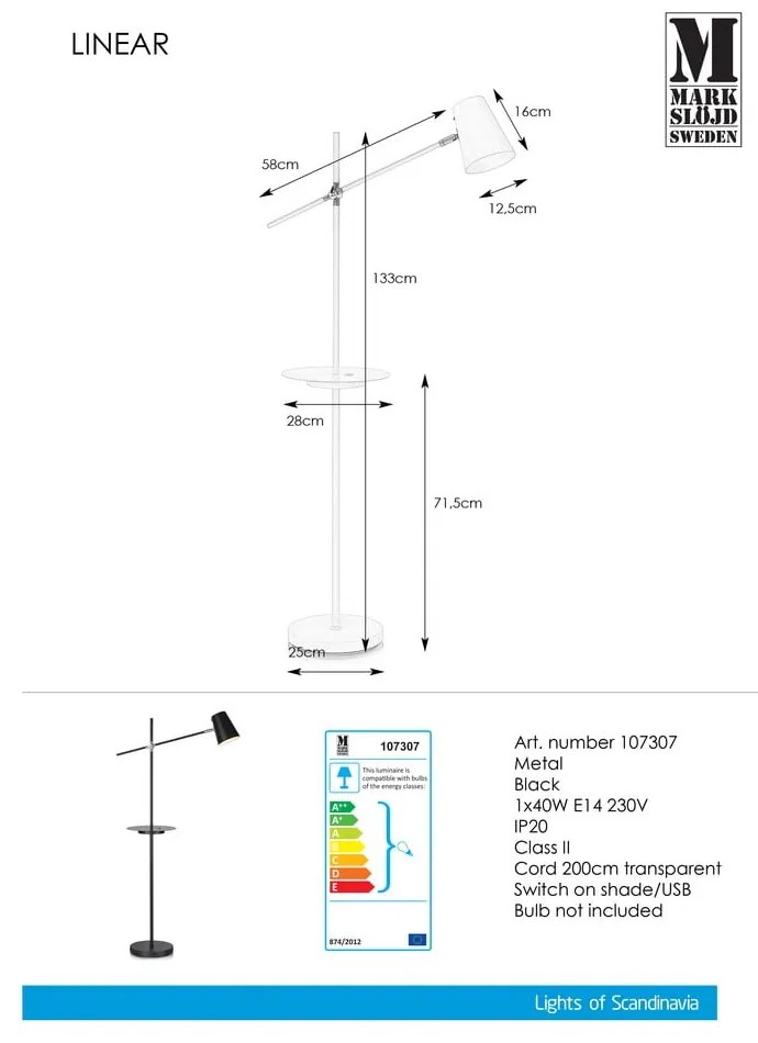 Čierna voľne stojacia lampa s odkladacím priestorom Markslöjd Linear