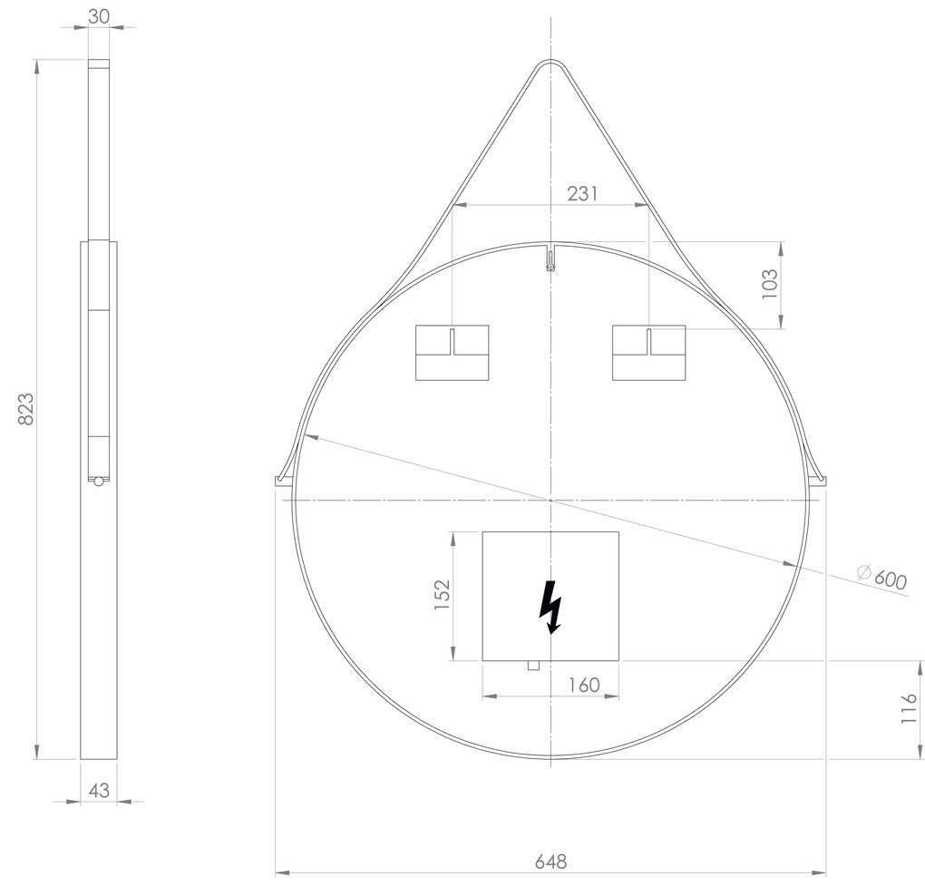 Sapho Sapho, ORBITER guľaté zrkadlo s LED osvetlením, kožený popruh, ø 60cm, čierna mat, ORL060