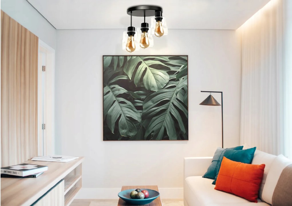 BERGE Sklenená stropná lampa LED 3xE27 rolovaná štvorcová priehľadná