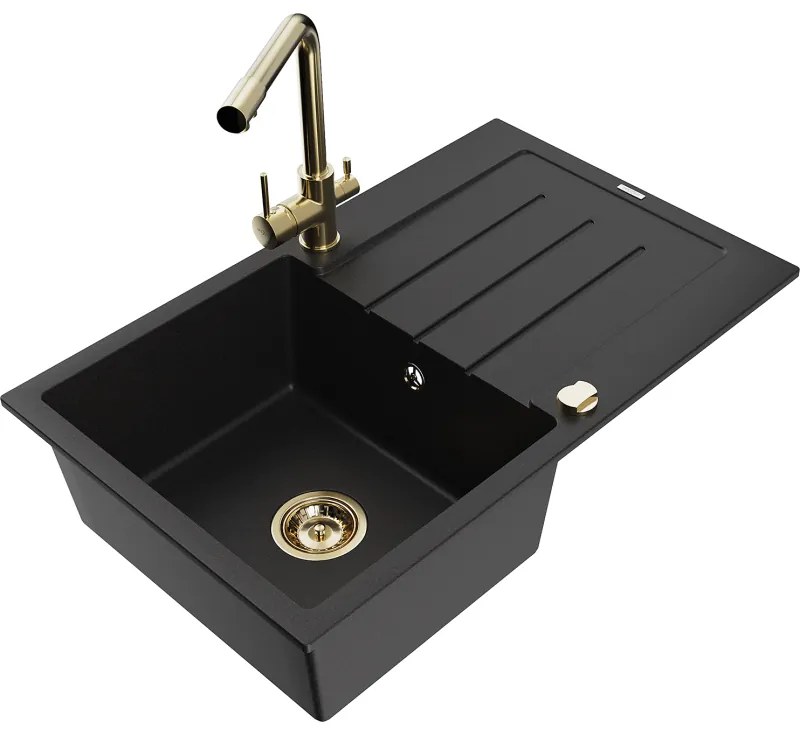 Mexen Bruno, 1-komorový granitový drez s odkvapkávačom 795x495x200 mm a zlatá batéria Duero, čierna, 6513-77-671600-50