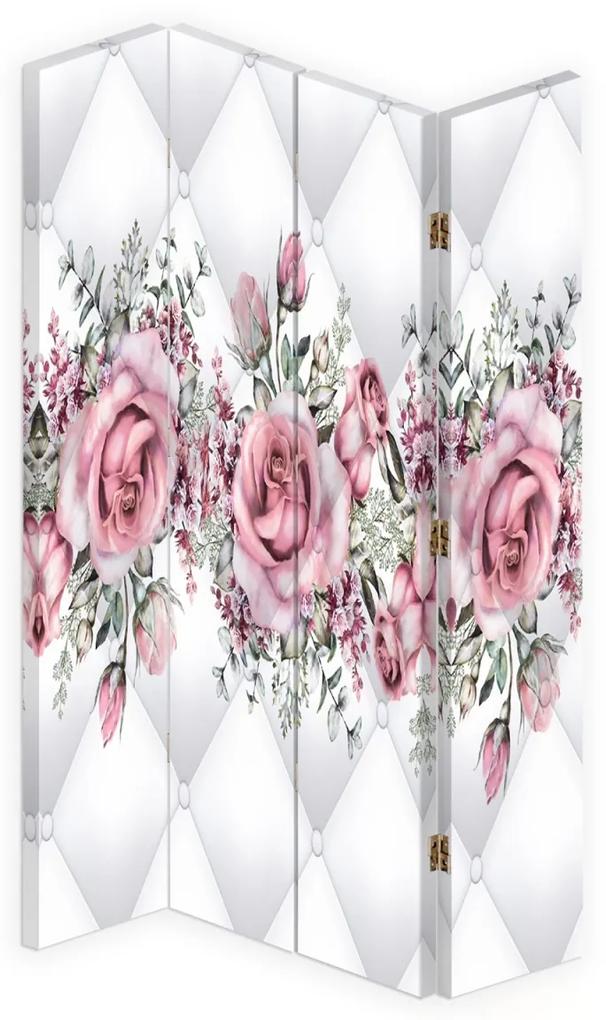 Ozdobný paraván Prošívané okvětní lístky růží - 145x170 cm, štvordielny, obojstranný paraván 360°
