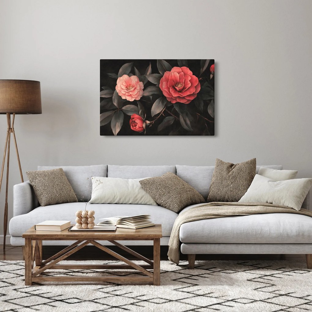 Obraz - Červené kvety na tmavom pozadí (90x60 cm)