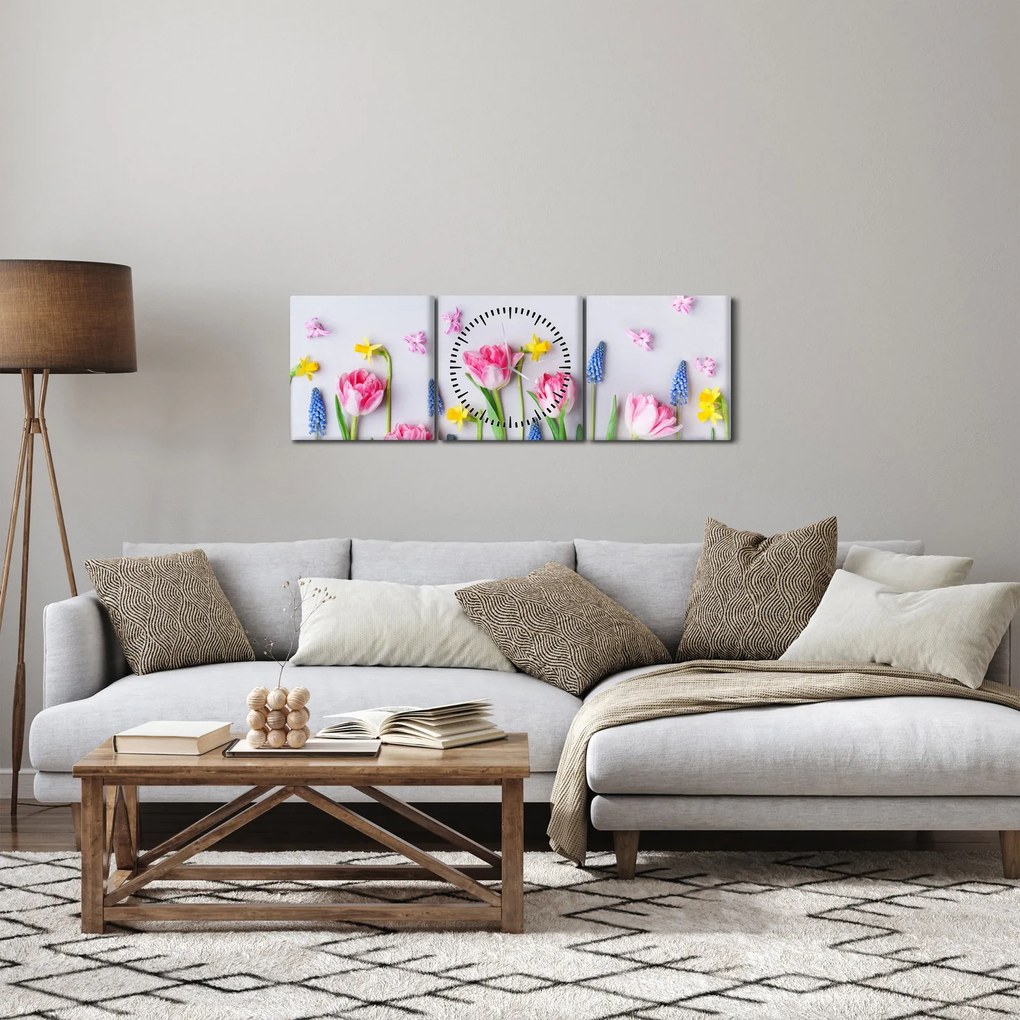 Obraz jarných kvetov (s hodinami) (90x30 cm)