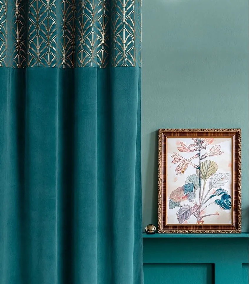 Elegantný petrolejovo zelený zatemňujúci záves so striebornými kruhmi 140x280 cm
