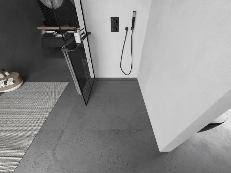 Mexen Kioto+ L, sprchová zástena Walk-In s poličkou a vešiakom 80 x 200 cm, 8mm číre sklo čierny vzor, čierny profil, 800-080-123-70-77