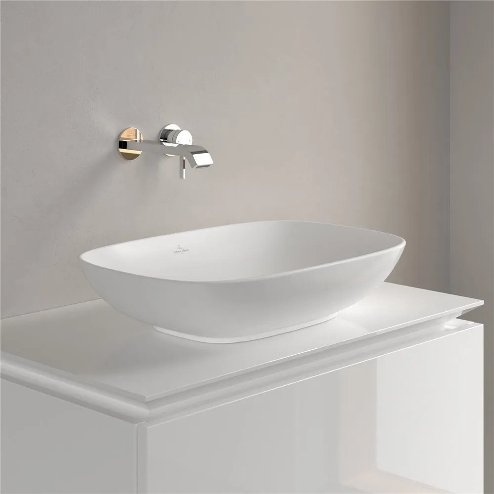 VILLEROY &amp; BOCH Loop &amp; Friends obdĺžnikové umývadlo na dosku bez otvoru, s prepadom, 560 x 380 mm, Stone White, s povrchom CeramicPlus, 4A4900RW