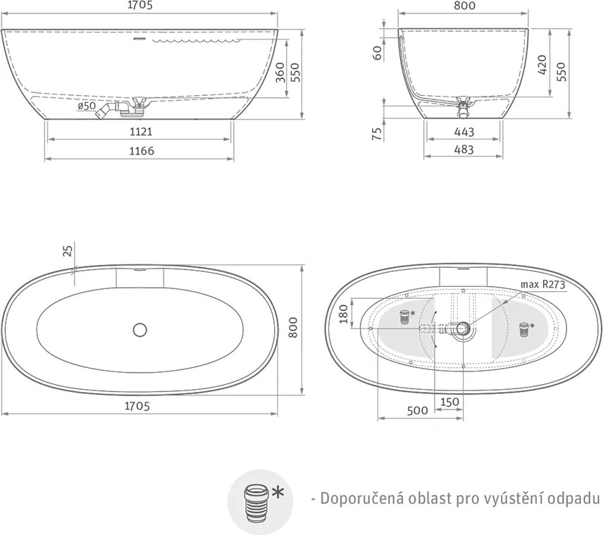Roth Voľne stojaca vaňa z liateho mramoru ALLYSA ROTH-Variant: rozmery: 170 × 80 cm, farba: biela - (ALLYSA WHITE - 5231000)