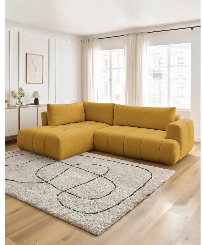 Rozkladacia/s úložným priestorom rohová pohovka v horčicovej farbe (ľavý roh/do L) Fuji – Bobochic Paris
