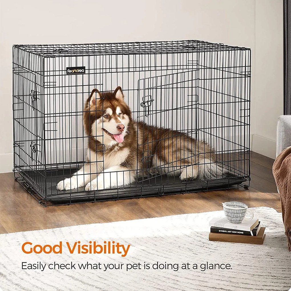Klietka pre šteniatka skladacia, 2-dverová, s podnosom, XXXL, čierna
