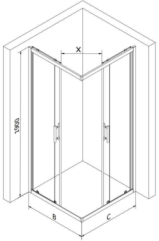 Mexen Rio, štvorcový sprchovací kút s posuvnými dverami 90(dvere) x 90(dvere) x 190 cm, 6mm číre sklo s pásikmi, čierny profil + biela sprchová vanička SLIM, 860-090-090-70-20-4010B