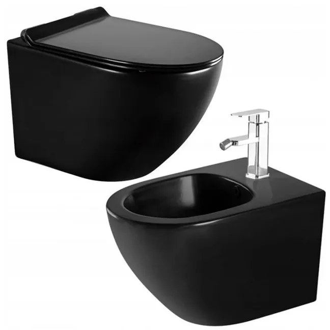 Mexen LENA Rimless misa závesná so sedátkom + závesný bidet, 48 x 36 cm, čierna, 35224885 + 30220185