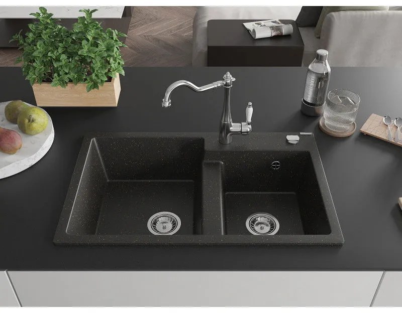 Mexen Tomas, granitový drez 800x500x190 mm, 2-komorový a drezová batéria Carla, čierna-zlatá metalíza, 6516-75-670700-00