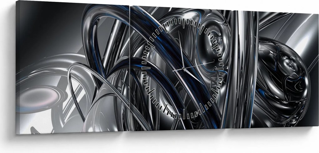 Obraz sivej abstrakcie s modrou (s hodinami) (90x30 cm)