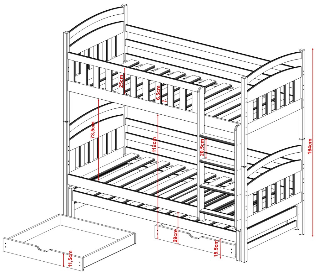 Detská poschodová posteľ z masívu BOHDANA s prístelkou a šuplíky - 200x90 cm - BIELA