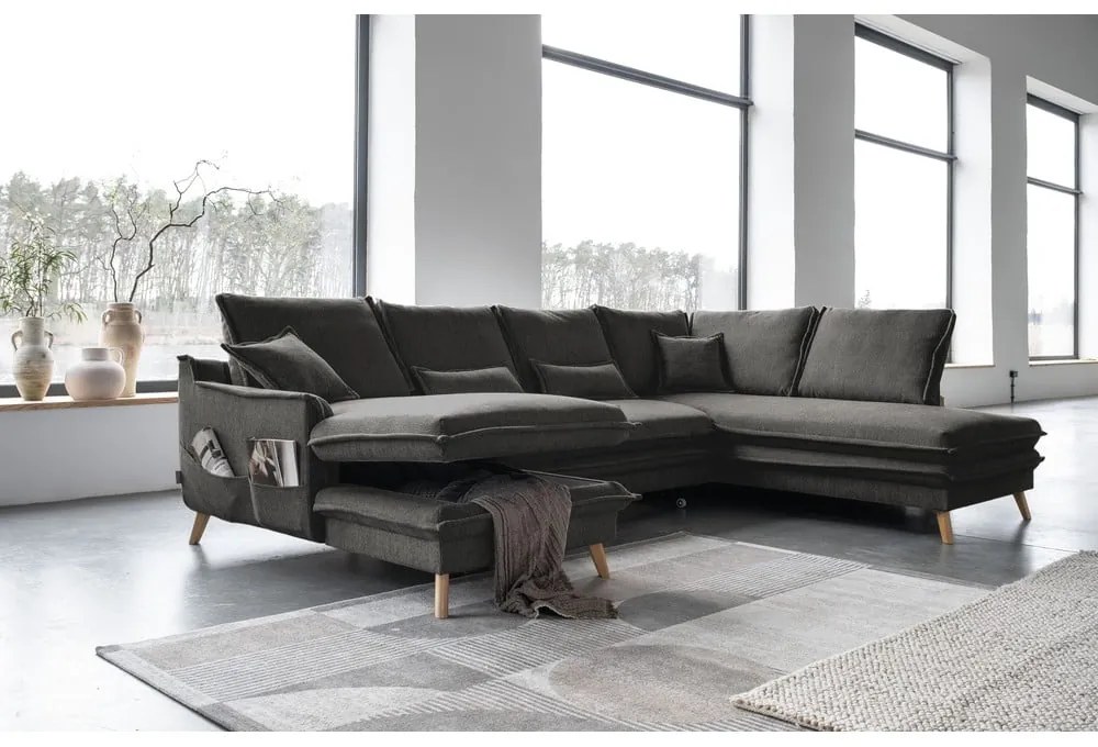 Tmavosivá rozkladacia rohová pohovka (pravý roh/do tvaru "U") Charming Charlie – Miuform