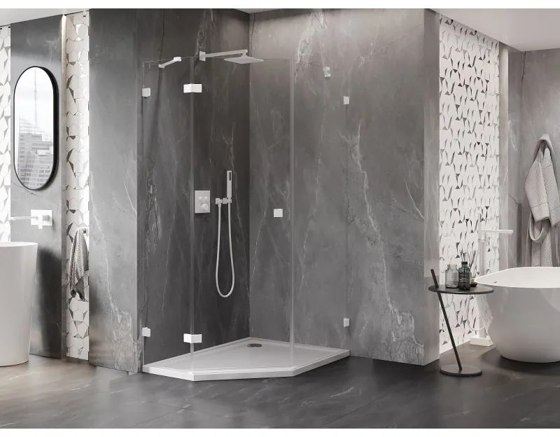 Mexen Lunar, Päťuholníkový sprchový kút Mexen Lunar s výklopným ľavým oknom 80 x 100 cm, 8mm číre sklo, biely profil, 831-080L-100P-01-20-L