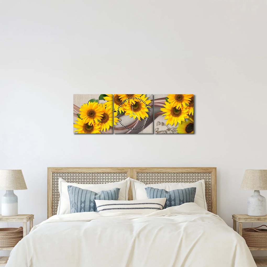 Obraz - Žiariace kvety slnečníc (s hodinami) (90x30 cm)