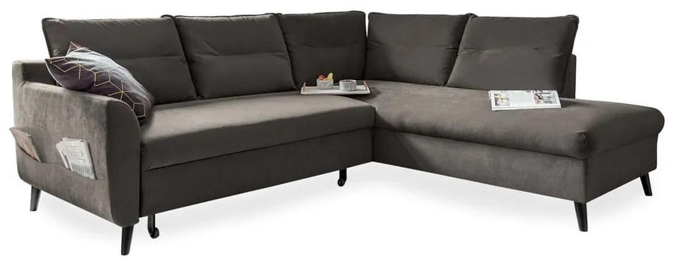 Tmavosivá zamatová rozkladacia rohová pohovka Miuform Stylish Stan L, pravý roh