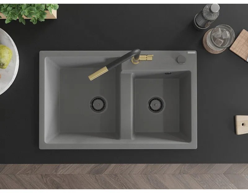 Mexen Tomas, 2-komorový granitový drez 800x500x190 mm a drezová batéria Flora, šedá, 6516-71-670401-57-B