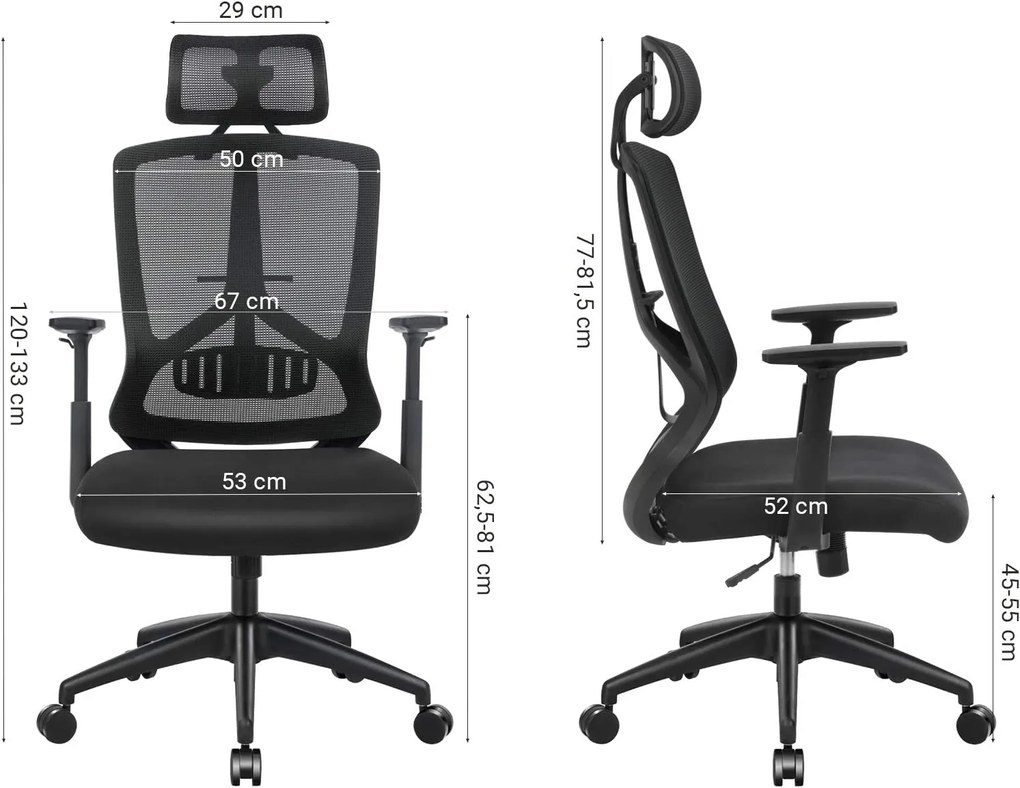 Kancelárska stolička, ergonomická, 120-133x70cm, čierna