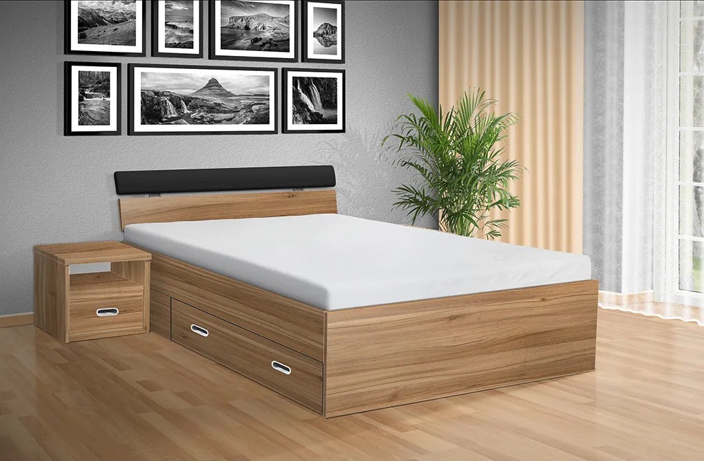 Nabytekmorava Drevená posteľ RAMI -M 140x200 cm dekor lamina: OŘECH 729, matrac: Matraca 17 cm sendvičová