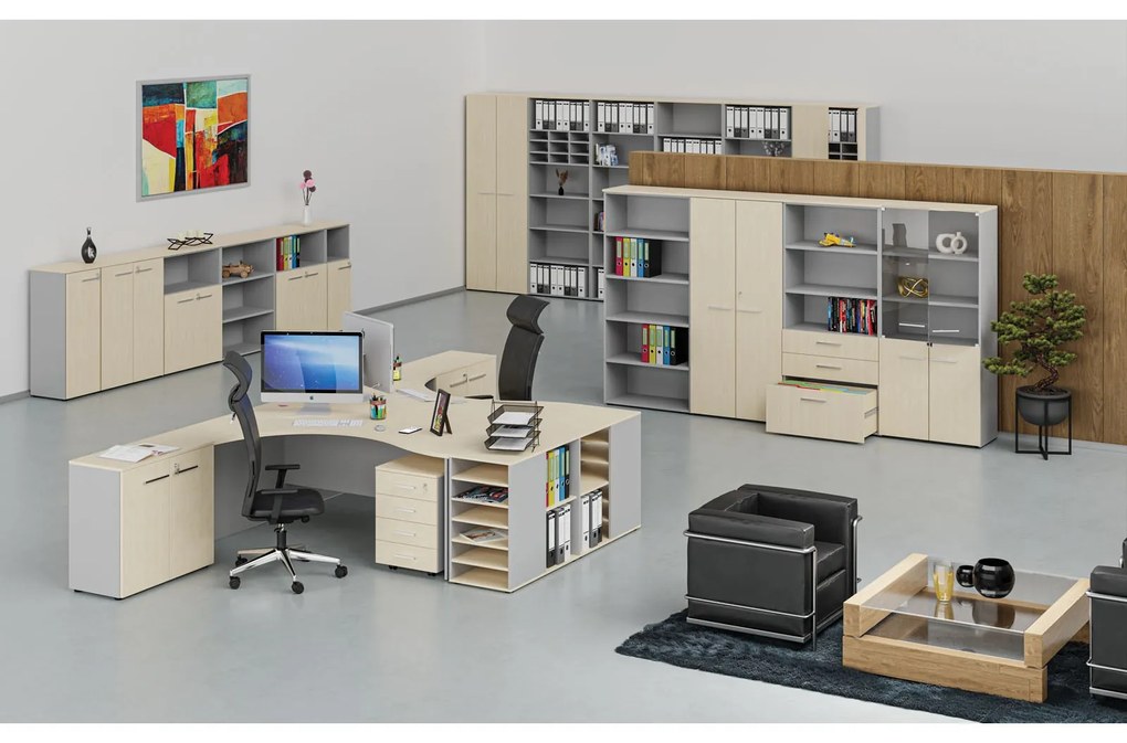 Ergonomický kancelársky pracovný stôl PRIMO GRAY, 1600 x 1200 mm, ľavý, sivá/breza