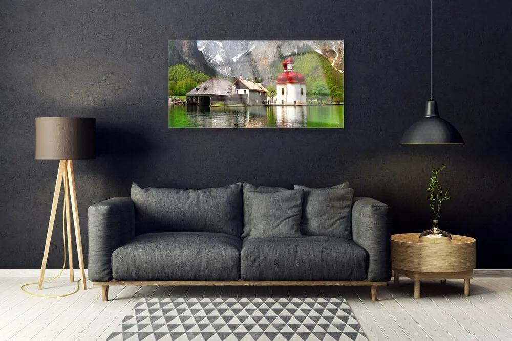 Obraz na skle Hora strom dom krajina 100x50 cm