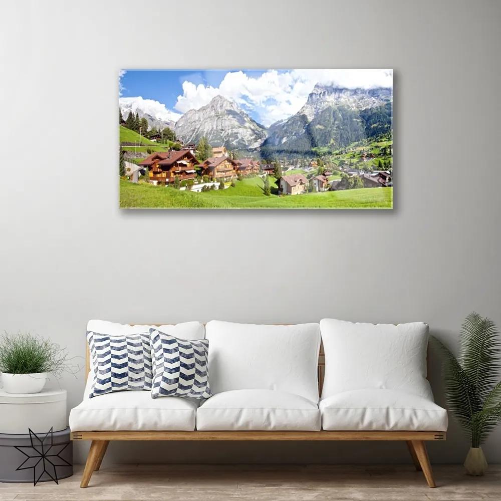 Obraz na skle Domy hora krajina 120x60 cm