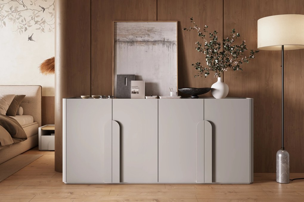 Komoda Amilio 200 cm štvordverová - kašmír / olejovaný dub / úchytky kašmír