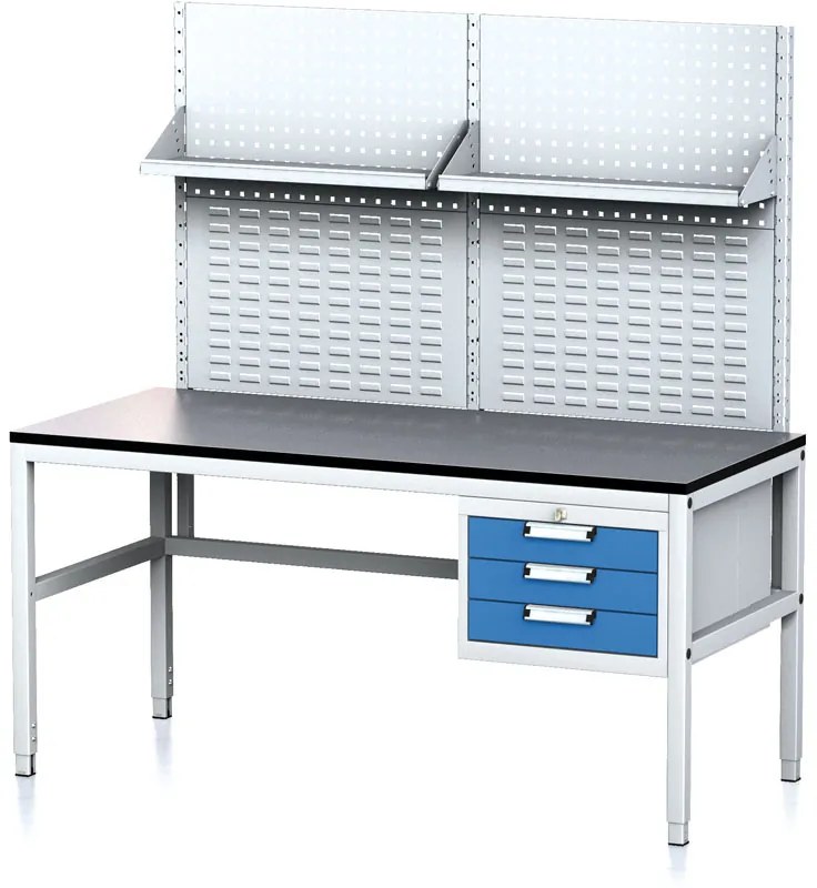 Alfa 3 Nastaviteľný dielenský stôl MECHANIC II s perfopanelom a policami, 3 zásuvkový box na náradie, 1600x700x745-985 mm, sivá/modrá