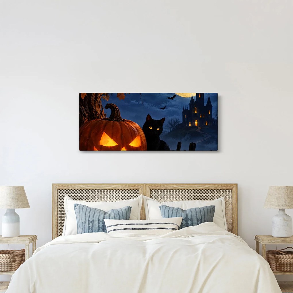 Obraz - Čierna mačka pri svietiacej tekvici na Halloween (120x50 cm)