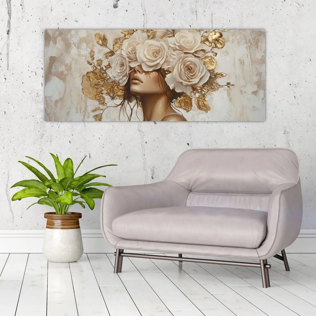 Obraz - Dievča s ružami (120x50 cm)