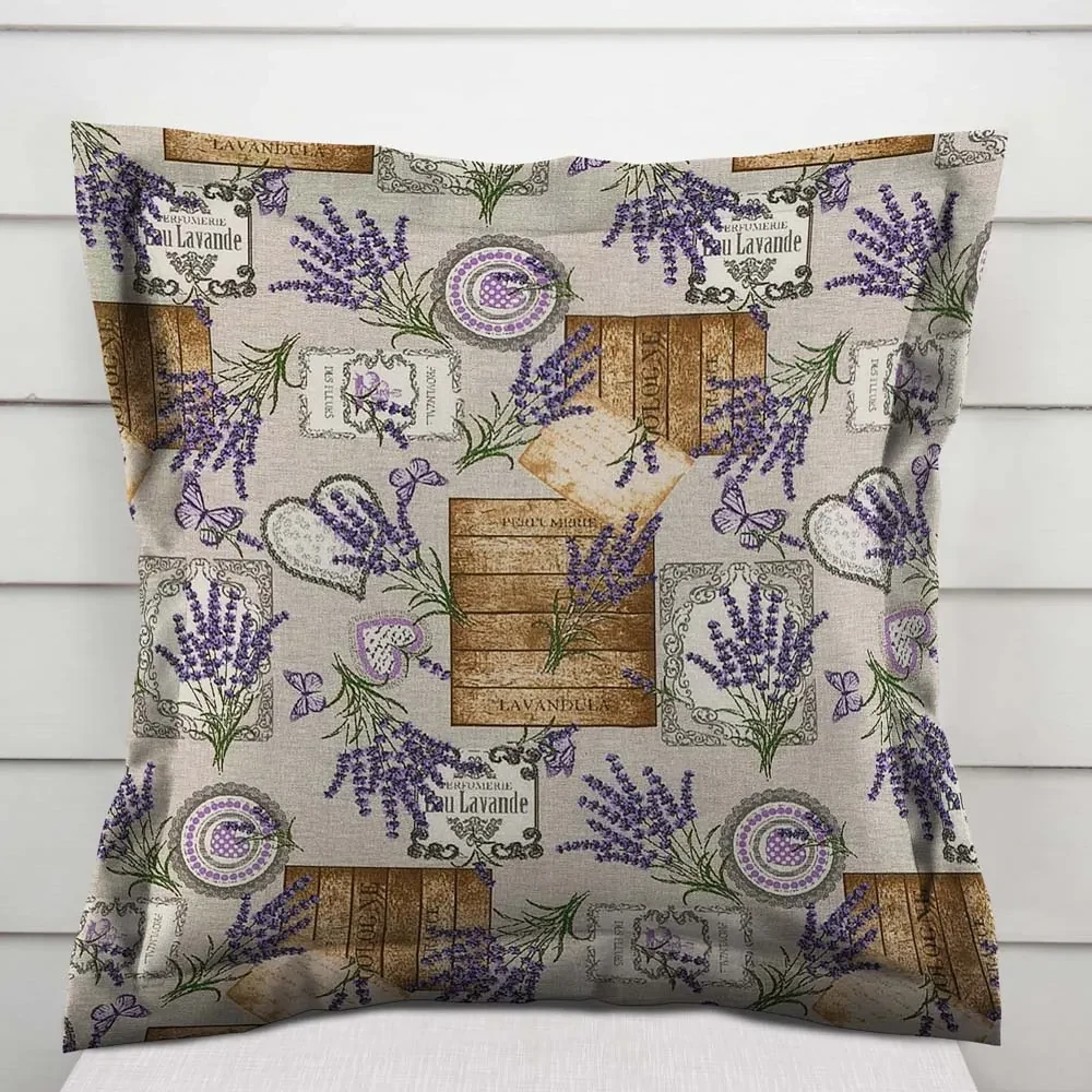 Biante Dekoračná obliečka na vankúš s lemom PML-099 Levandule s motýlikmi a srdiečkami na béžovom 35 x 45 cm