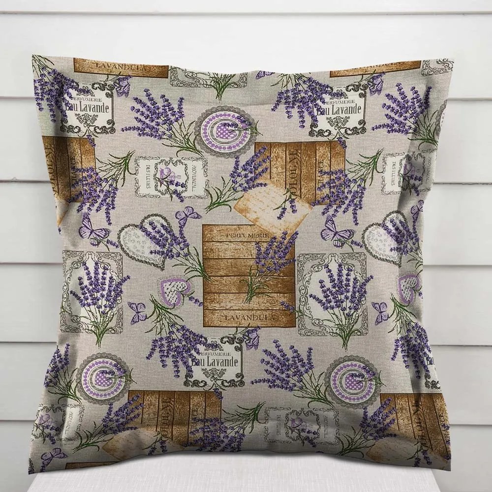 Biante Dekoračná obliečka na vankúš s lemom PML-099 Levandule s motýlikmi a srdiečkami na béžovom 60 x 60 cm