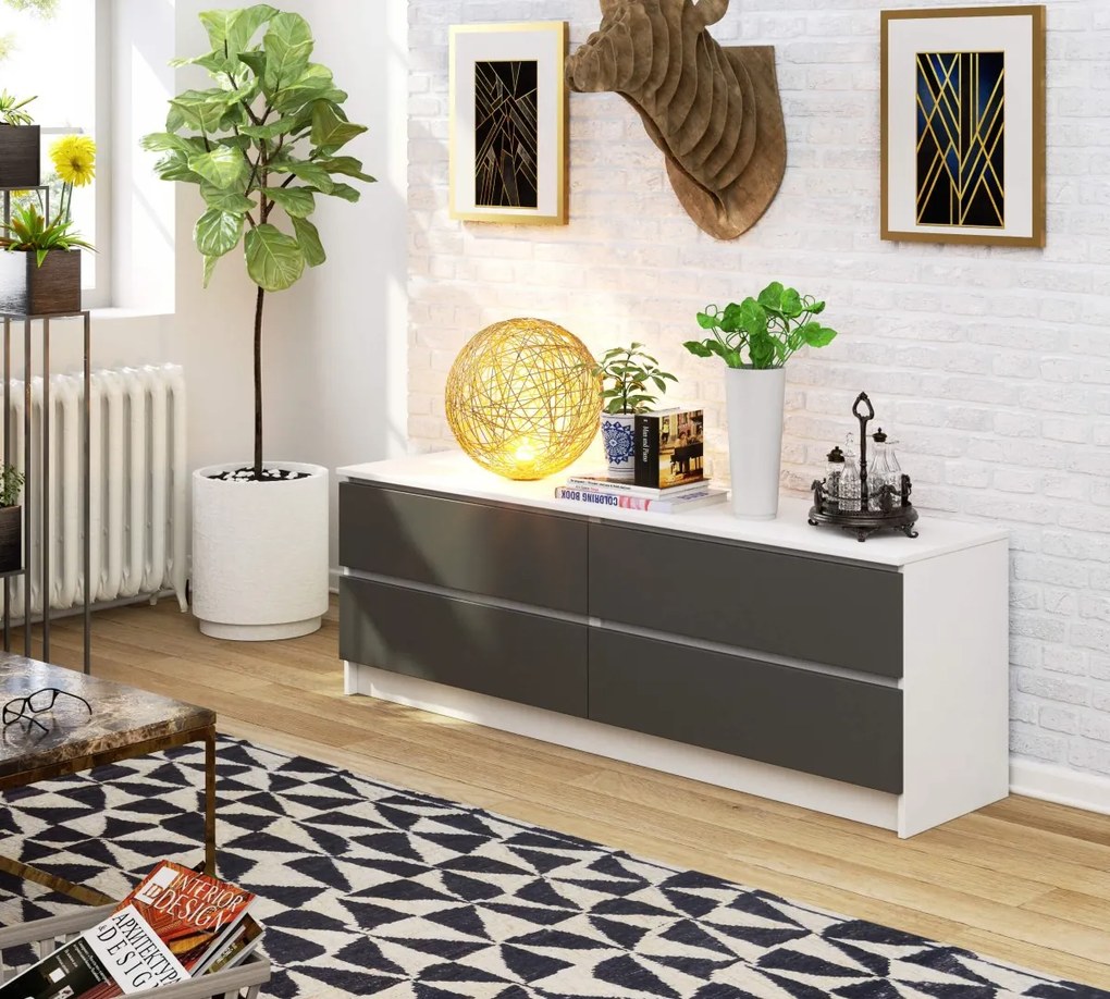 Komoda Kuba 160 cm 4 zásuvky biela/grafit