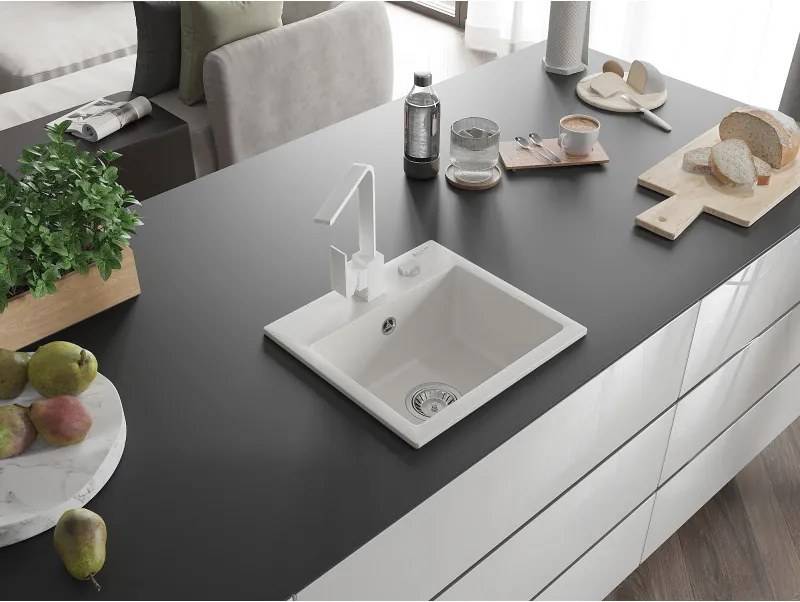 Mexen Milo, 1-komorový granitový drez 435x410x171 mm a biela batéria Rita, biela, 6505-20-670300-20
