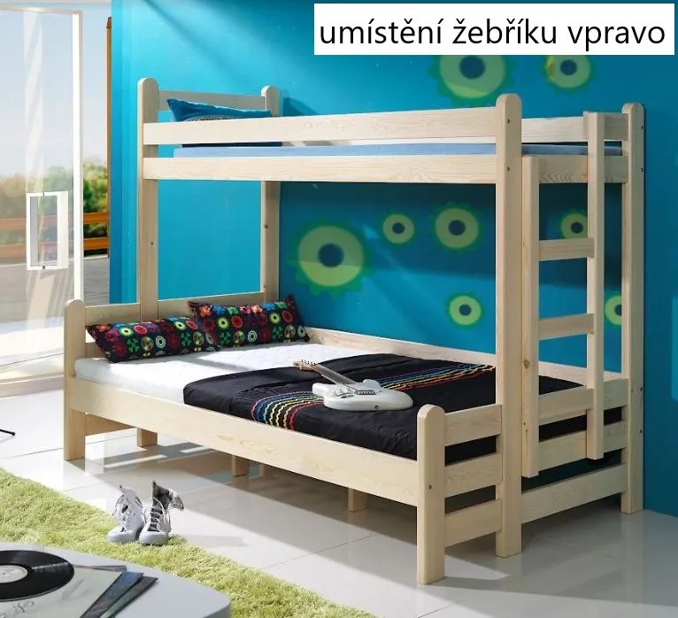 Detská poschodová posteľ s rozšíreným spodným lôžkom a šuplíky BENJAMIN - prírodná borovica - 200x90/120 cm