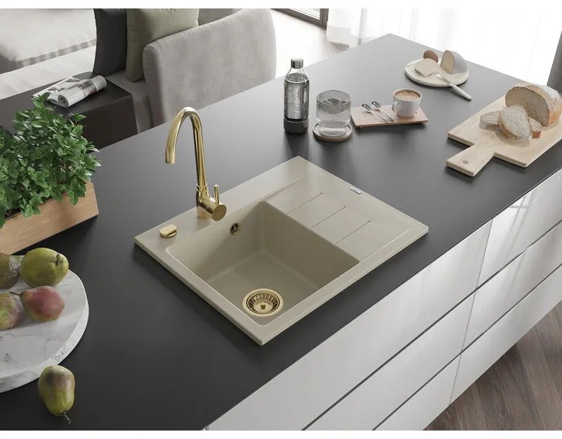 Mexen Ben, 1-komorový granitový drez 600x500x190 mm, ľavý + zlatý sifón, béžová, 6522605000-69-G
