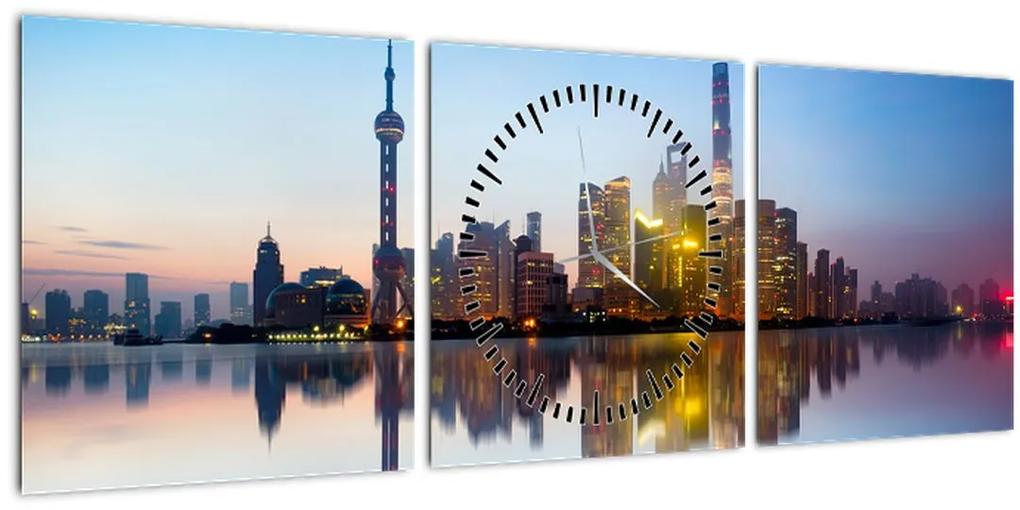 Obraz ranného neba nad Šanghajom (s hodinami) (90x30 cm)