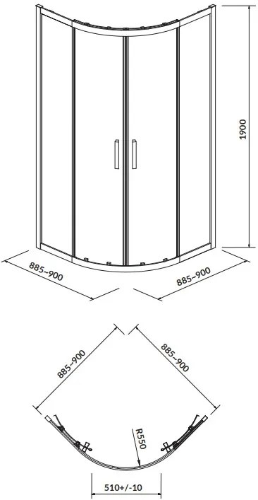Cersanit Arteco, štvrťkruhový sprchový kút 90x90x190 cm, 5mm číre sklo, chrómový profil + sprchová vanička Tako, S601-114