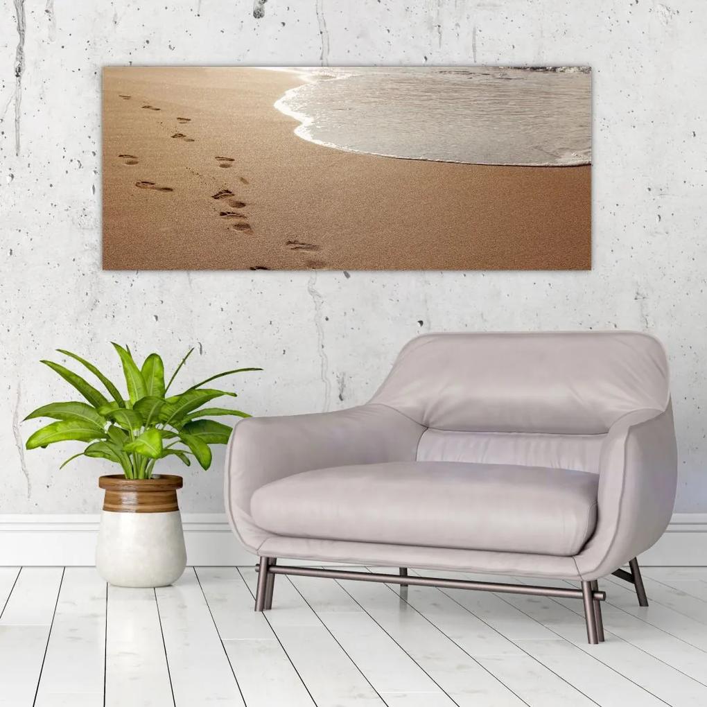Obraz - stopy v piesku a more (120x50 cm)