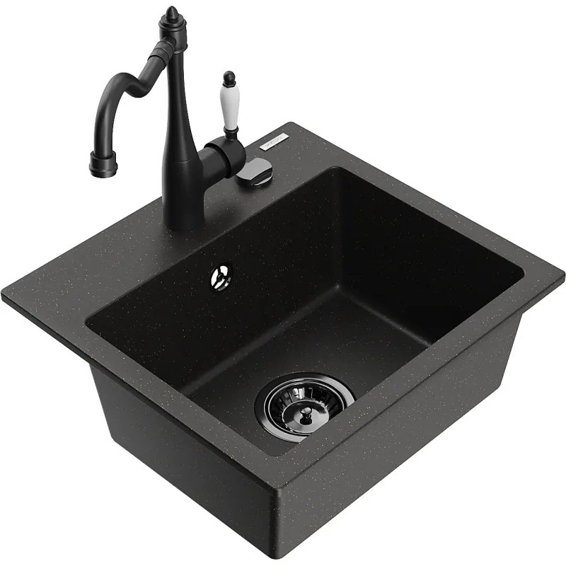 Mexen Milo, granitový drez 435x410x171 mm, 1-komorový a drezová batéria Carla, čierna-zlatá metalíza, 6505-75-670700-70-B