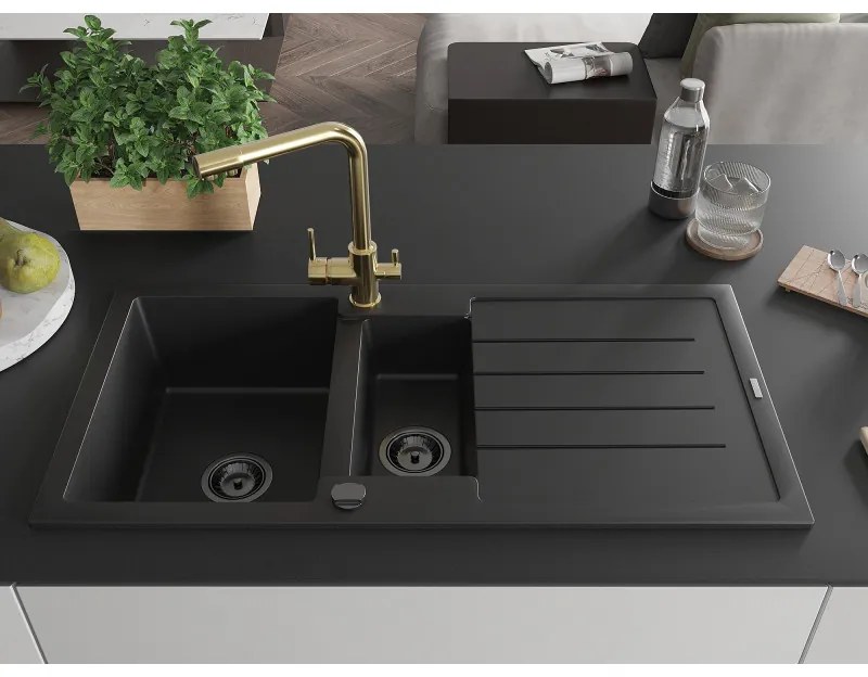 Mexen Andres, granitový drez 1000x500x200 mm, 1,5-komorový + zlatá batéria Duero, čierna, 6515-77-671600-50-B